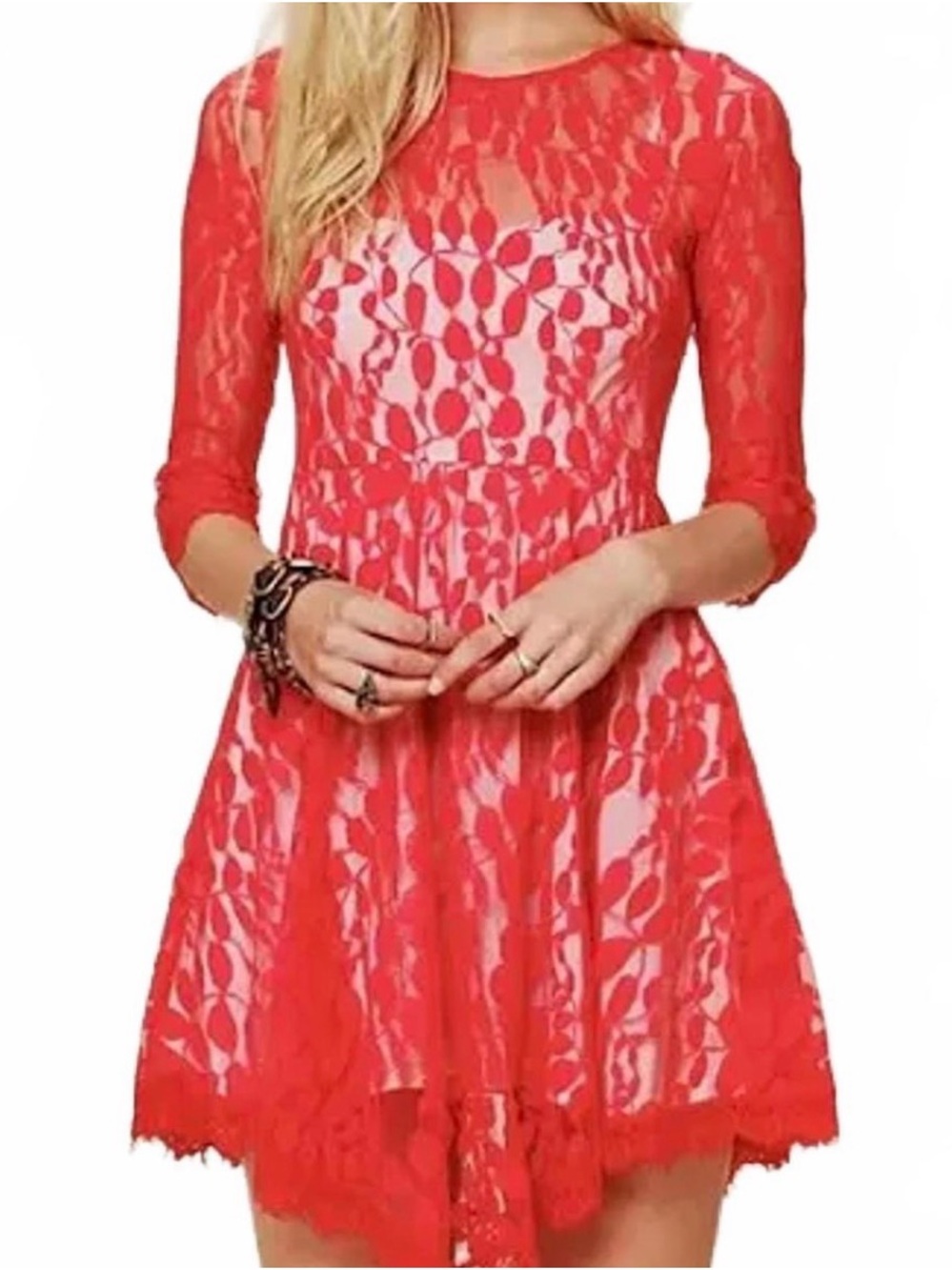 Free People Red Lace Dress with Floral Mesh 2